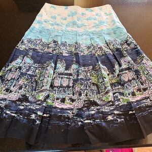 Talbots Pleated Blue & Turquoise Coastal Scene Skirt, Size 6P